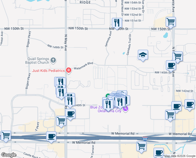 map of restaurants, bars, coffee shops, grocery stores, and more near 2600 Watermark Boulevard in Oklahoma City