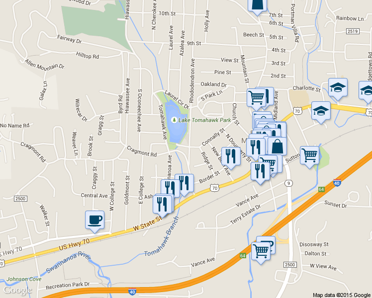 map of restaurants, bars, coffee shops, grocery stores, and more near 105 Rhododendron Avenue in Black Mountain