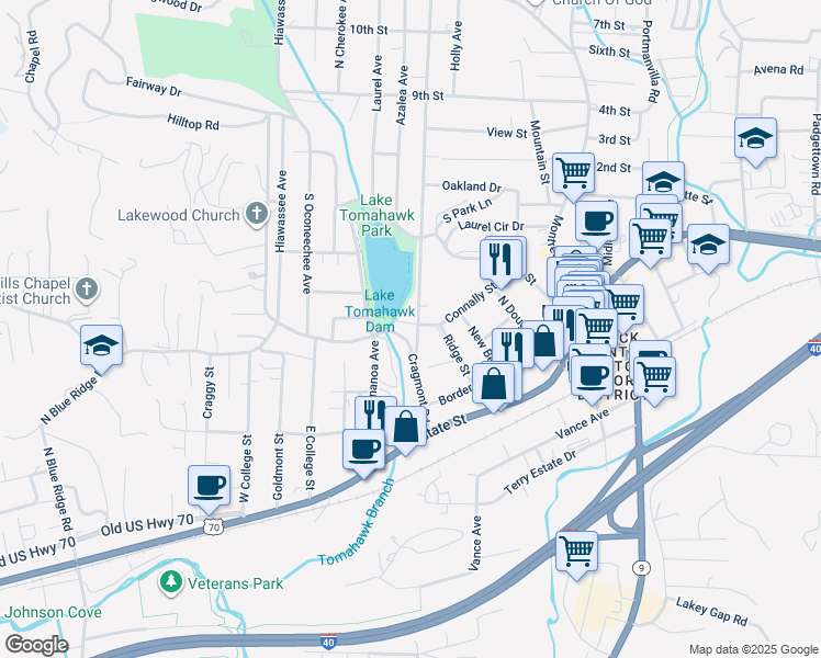 map of restaurants, bars, coffee shops, grocery stores, and more near 105 Rhododendron Avenue in Black Mountain