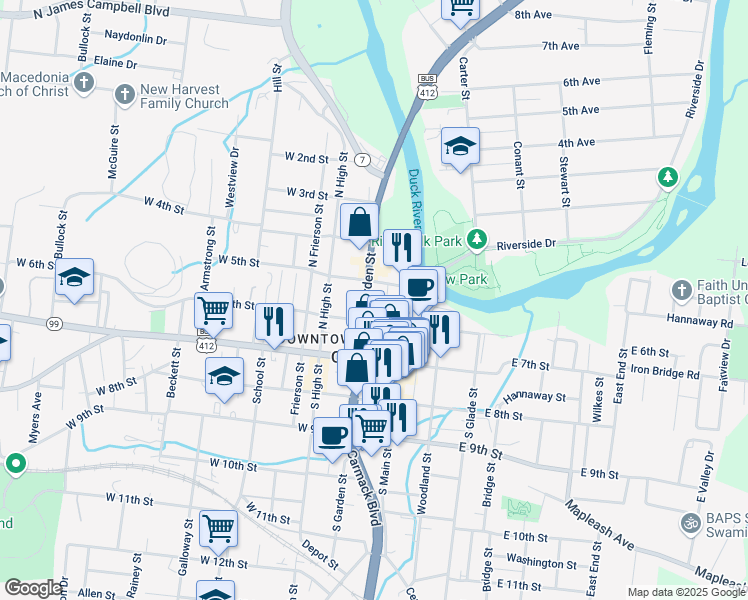 map of restaurants, bars, coffee shops, grocery stores, and more near 105 West 5th Street in Columbia