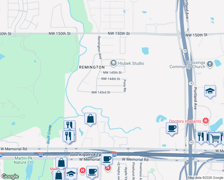 map of restaurants, bars, coffee shops, grocery stores, and more near 4120 Northwest 144th Terrace in Oklahoma City