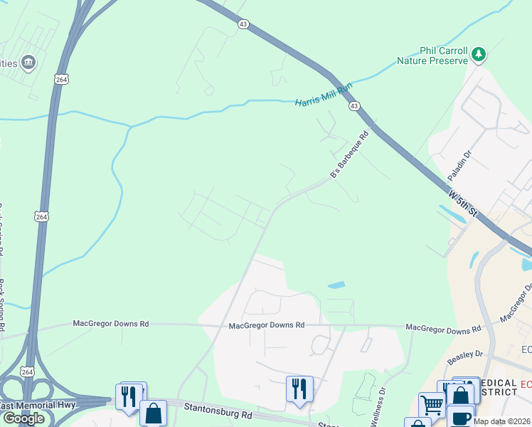 map of restaurants, bars, coffee shops, grocery stores, and more near 1130 Bs Barbecue Road in Greenville