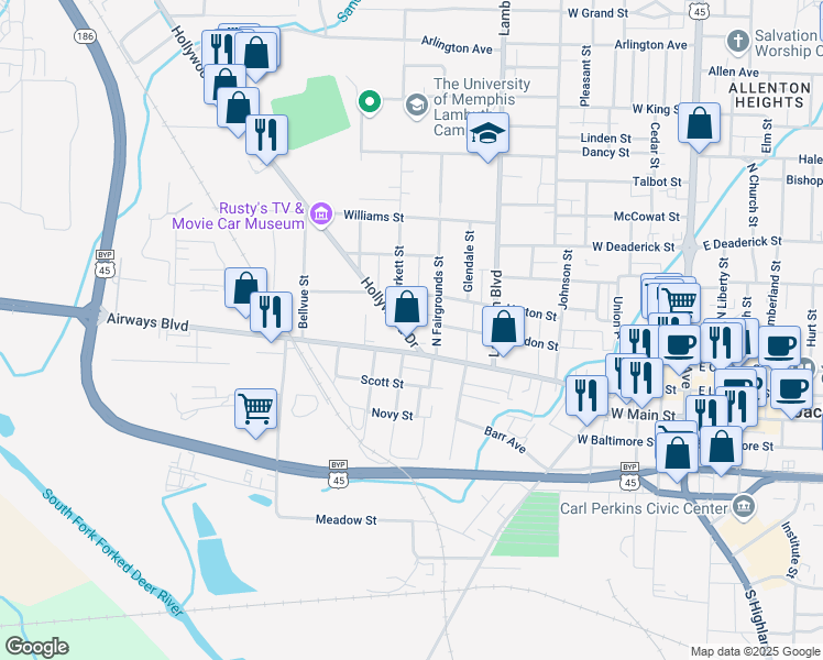 map of restaurants, bars, coffee shops, grocery stores, and more near 114 Hollywood Drive in Jackson
