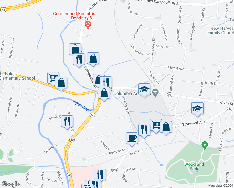 map of restaurants, bars, coffee shops, grocery stores, and more near 800 Academy Lane in Columbia