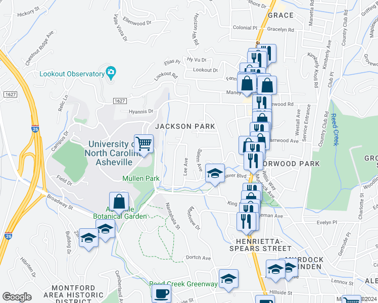 map of restaurants, bars, coffee shops, grocery stores, and more near 9 Lee Avenue in Asheville