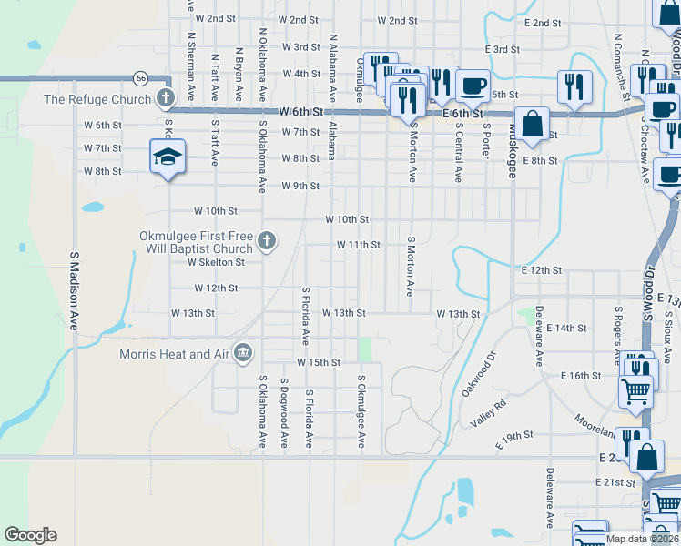 map of restaurants, bars, coffee shops, grocery stores, and more near 615 South Alabama Avenue in Okmulgee