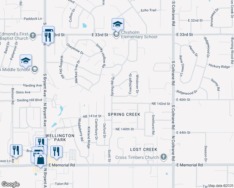 map of restaurants, bars, coffee shops, grocery stores, and more near 2300 Yorkshire Court in Edmond