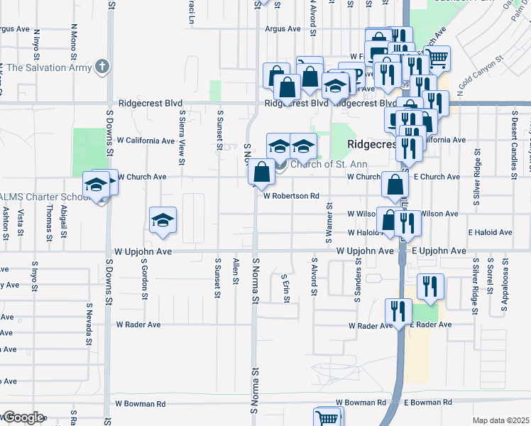 map of restaurants, bars, coffee shops, grocery stores, and more near 424 West Wilson Avenue in Ridgecrest
