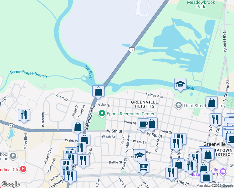 map of restaurants, bars, coffee shops, grocery stores, and more near 1310 Fairfax Avenue in Greenville