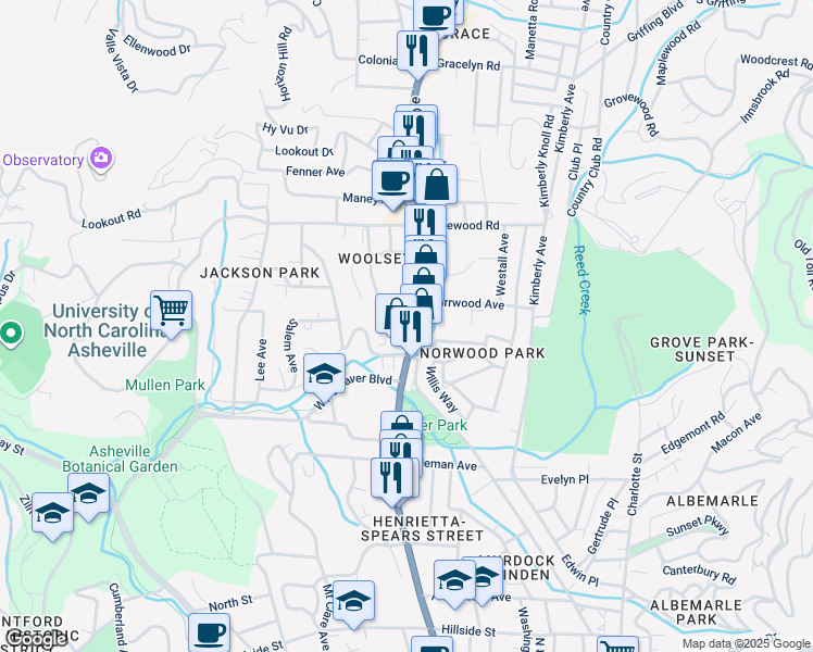 map of restaurants, bars, coffee shops, grocery stores, and more near 545 Merrimon Avenue in Asheville