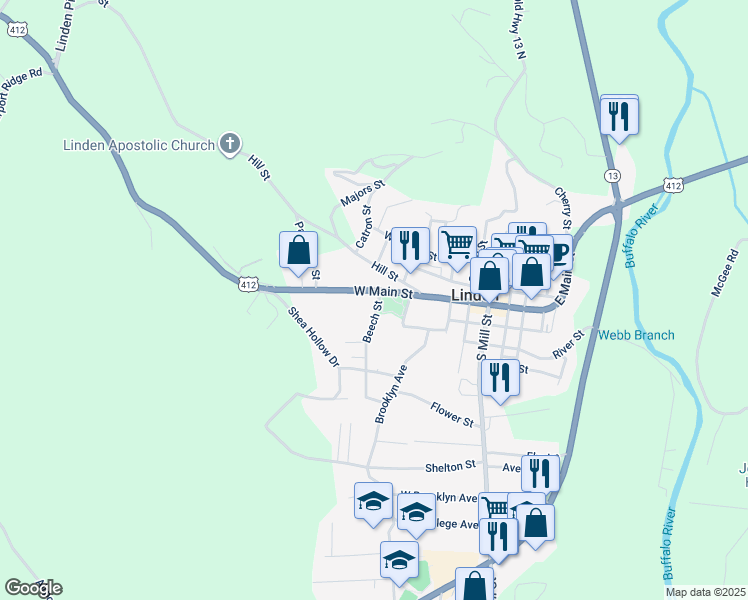 map of restaurants, bars, coffee shops, grocery stores, and more near 227 Tennessee 20 in Linden