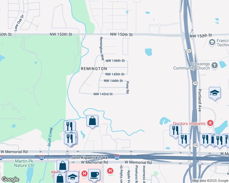 map of restaurants, bars, coffee shops, grocery stores, and more near 4120 Northwest 144th Terrace in Oklahoma City