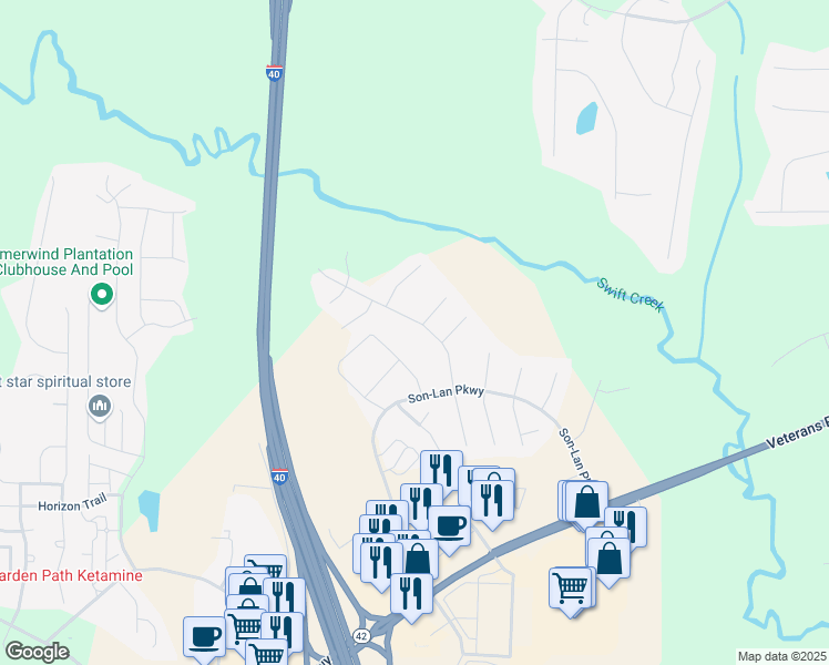 map of restaurants, bars, coffee shops, grocery stores, and more near 173 Cliffview Drive in Garner