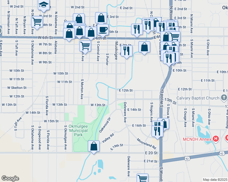 map of restaurants, bars, coffee shops, grocery stores, and more near 700 South Muskogee Avenue in Okmulgee