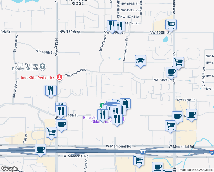 map of restaurants, bars, coffee shops, grocery stores, and more near 14320 Mezzaluna Boulevard in Oklahoma City