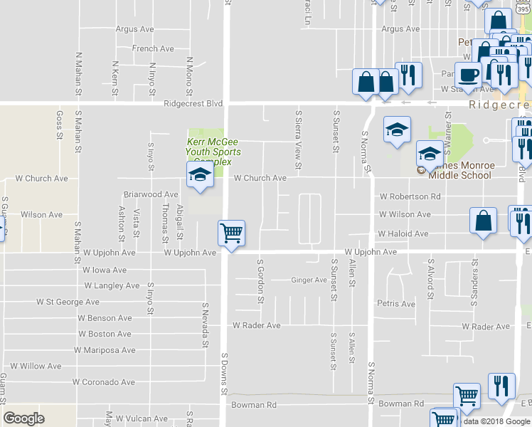 map of restaurants, bars, coffee shops, grocery stores, and more near 400 South Gordon Street in Ridgecrest