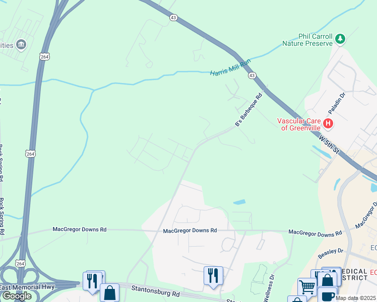 map of restaurants, bars, coffee shops, grocery stores, and more near 1130 Bs Barbecue Road in Greenville