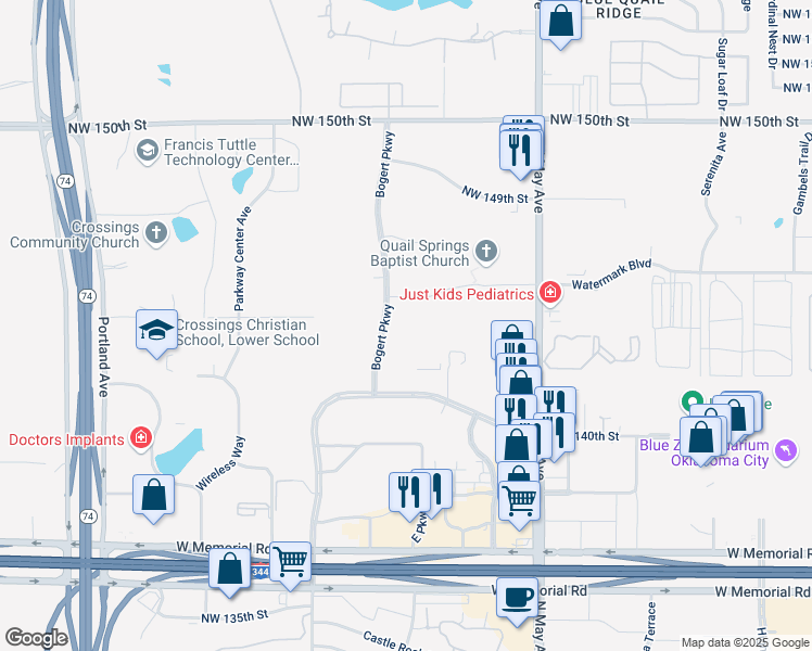 map of restaurants, bars, coffee shops, grocery stores, and more near 14400 Hertz Quail Springs Parkway in Oklahoma City