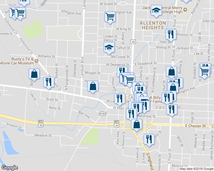 map of restaurants, bars, coffee shops, grocery stores, and more near 101 Farrar Street in Jackson