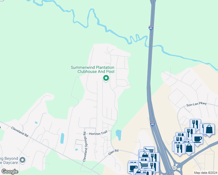 map of restaurants, bars, coffee shops, grocery stores, and more near 397 Summerwind Plantation Drive in Garner