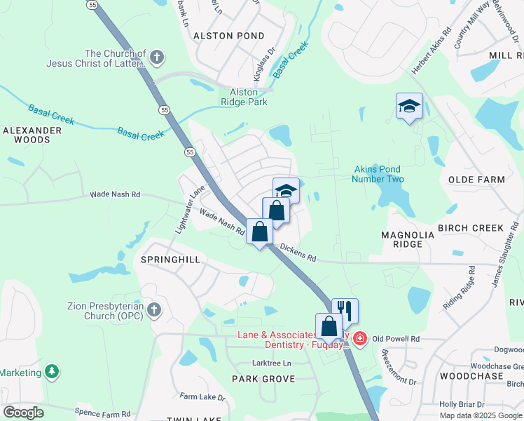 map of restaurants, bars, coffee shops, grocery stores, and more near 2275 North Grassland Drive in Fuquay Varina