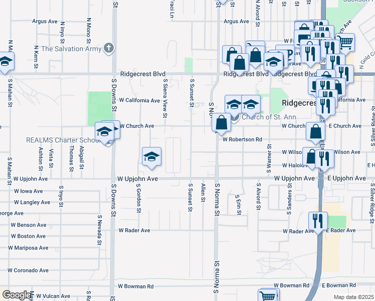 map of restaurants, bars, coffee shops, grocery stores, and more near 364 South Sunset Street in Ridgecrest