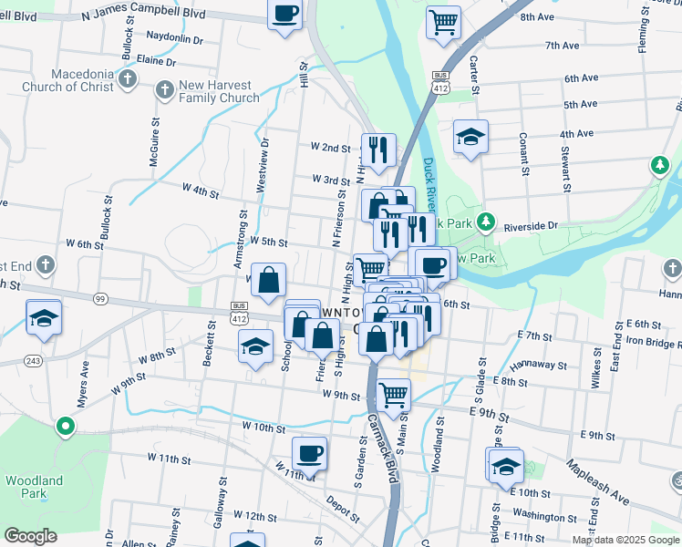 map of restaurants, bars, coffee shops, grocery stores, and more near 607 North High Street in Columbia