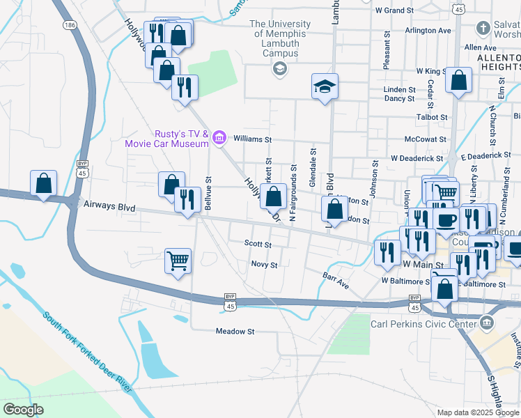 map of restaurants, bars, coffee shops, grocery stores, and more near 151 Hollywood Drive in Jackson