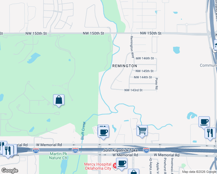 map of restaurants, bars, coffee shops, grocery stores, and more near 14405 Fossil Creek Lane in Oklahoma City