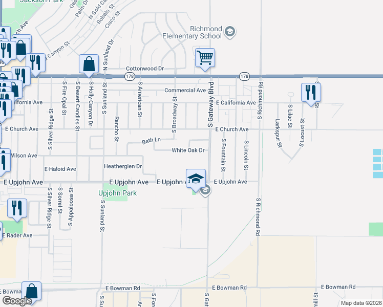 map of restaurants, bars, coffee shops, grocery stores, and more near 313 South Lupin Lane in Ridgecrest