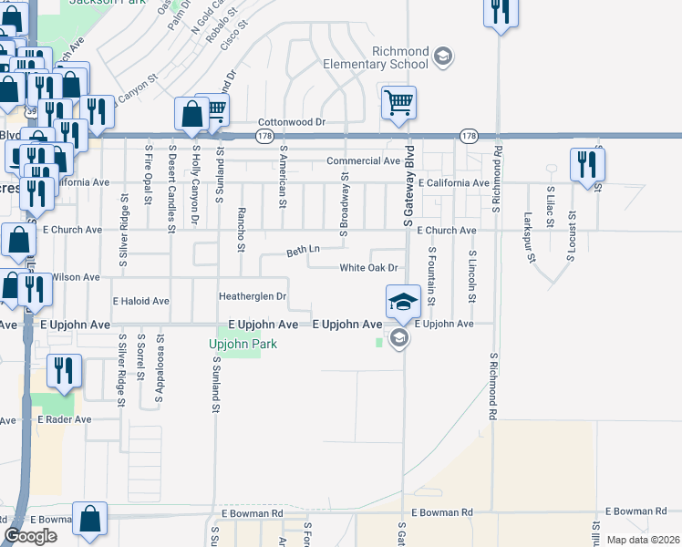map of restaurants, bars, coffee shops, grocery stores, and more near 708 White Oak Drive in Ridgecrest