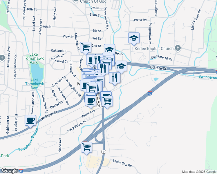 map of restaurants, bars, coffee shops, grocery stores, and more near 115 Richardson Boulevard in Black Mountain