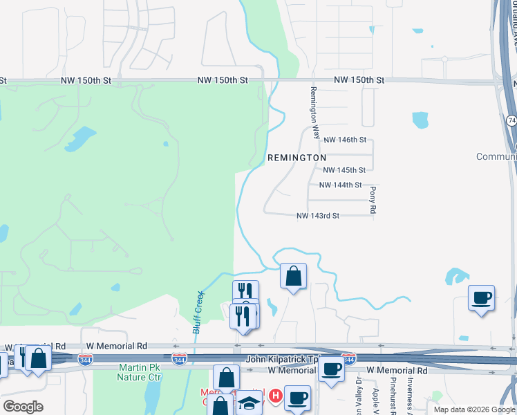 map of restaurants, bars, coffee shops, grocery stores, and more near 14405 Fossil Creek Lane in Oklahoma City