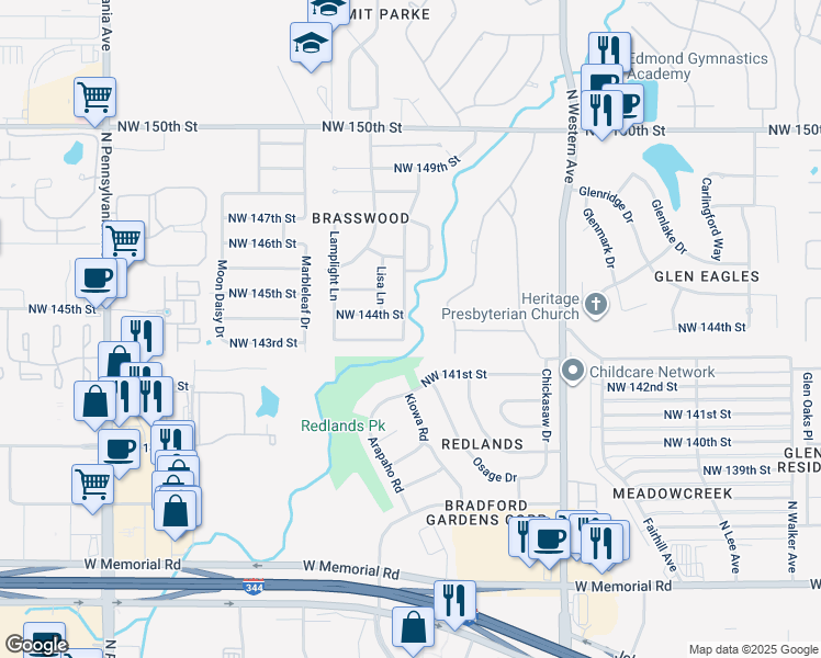 map of restaurants, bars, coffee shops, grocery stores, and more near 14408 Brasswood Boulevard in Edmond