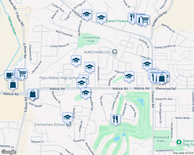 map of restaurants, bars, coffee shops, grocery stores, and more near 307 Veronica Drive in Paso Robles
