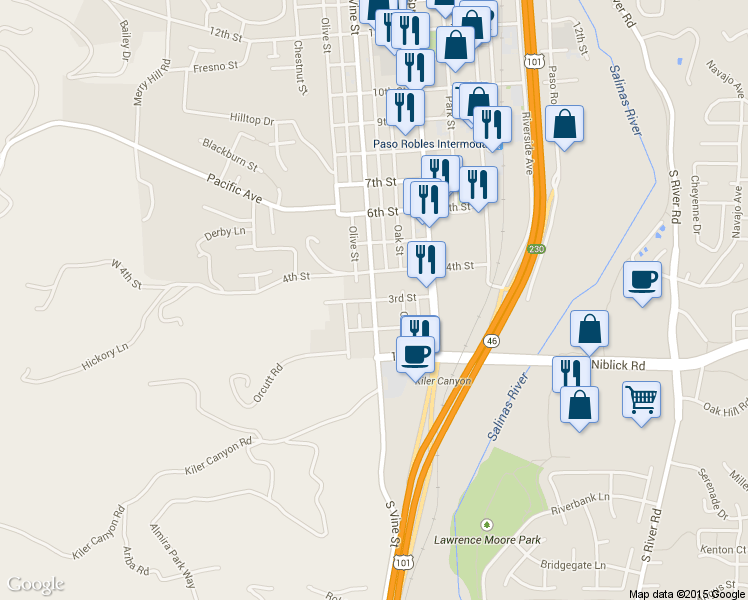 map of restaurants, bars, coffee shops, grocery stores, and more near 3rd Street in Paso Robles