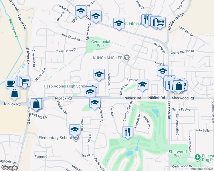 map of restaurants, bars, coffee shops, grocery stores, and more near 307 Veronica Drive in Paso Robles