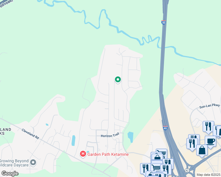 map of restaurants, bars, coffee shops, grocery stores, and more near 414 Outwater Ridge Drive in Garner