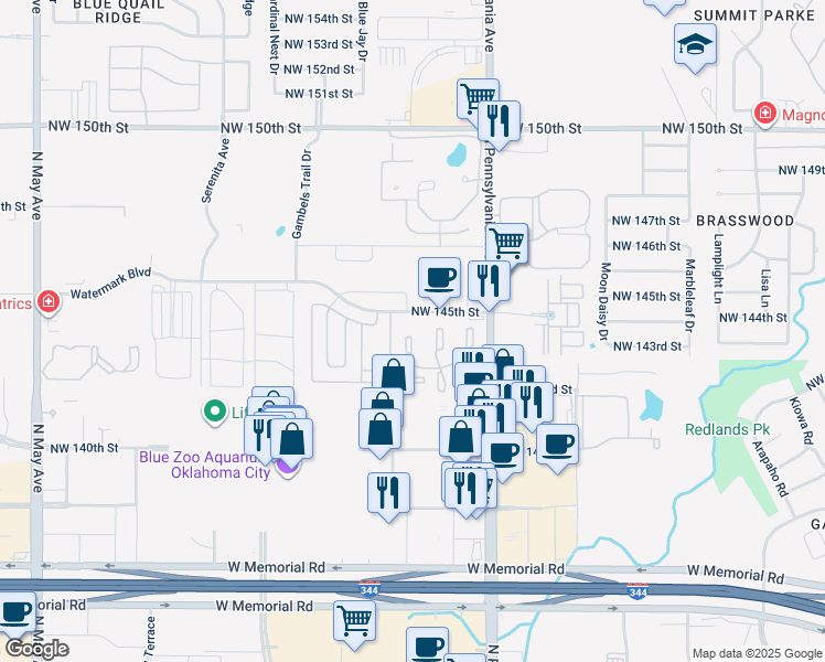 map of restaurants, bars, coffee shops, grocery stores, and more near 14431 North Pennsylvania Avenue in Oklahoma City