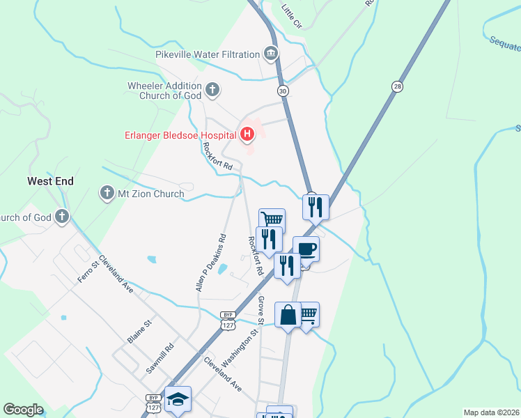 map of restaurants, bars, coffee shops, grocery stores, and more near 204 Rockfort Road in Pikeville