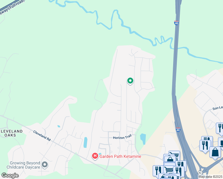 map of restaurants, bars, coffee shops, grocery stores, and more near 104 Dando Street in Garner