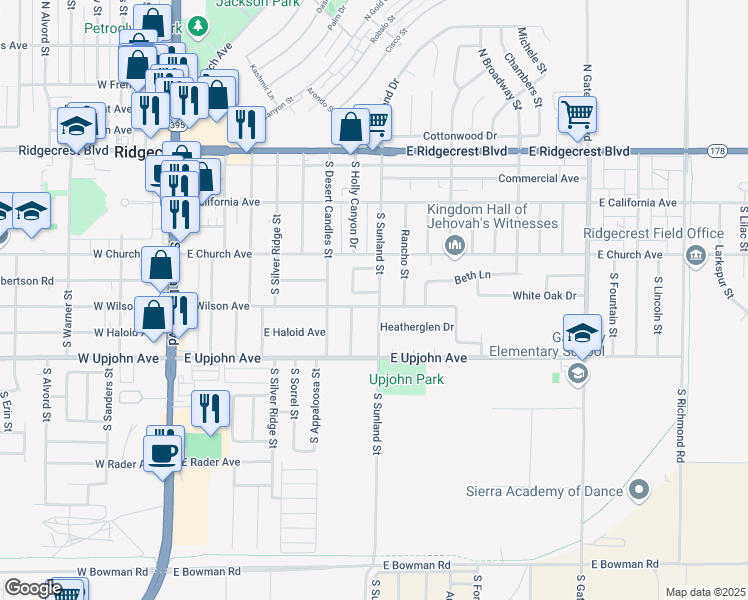 map of restaurants, bars, coffee shops, grocery stores, and more near 441 Debra Lane in Ridgecrest