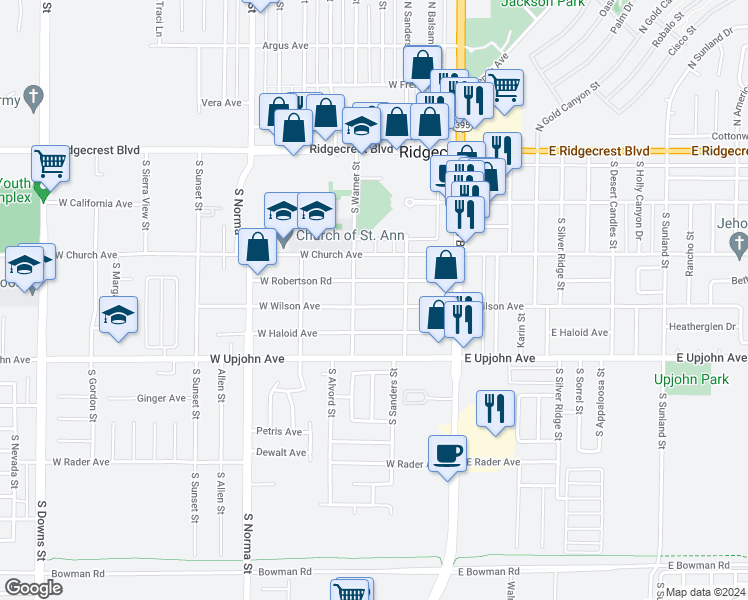 map of restaurants, bars, coffee shops, grocery stores, and more near 220 West Wilson Avenue in Ridgecrest