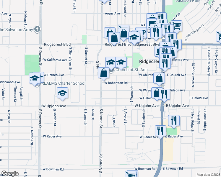 map of restaurants, bars, coffee shops, grocery stores, and more near 424 West Wilson Avenue in Ridgecrest