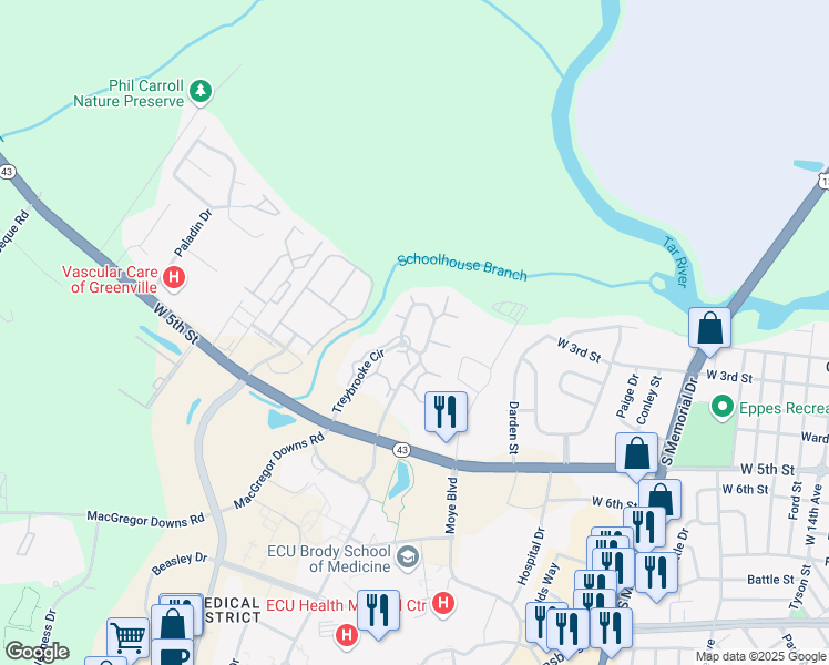 map of restaurants, bars, coffee shops, grocery stores, and more near 1002 Treybrooke Circle in Greenville