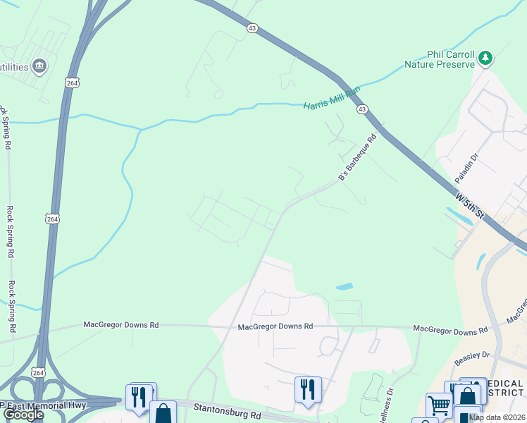 map of restaurants, bars, coffee shops, grocery stores, and more near 1130 Bs Barbecue Road in Greenville