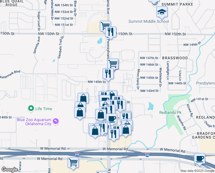 map of restaurants, bars, coffee shops, grocery stores, and more near 14409 North Pennsylvania Avenue in Oklahoma City