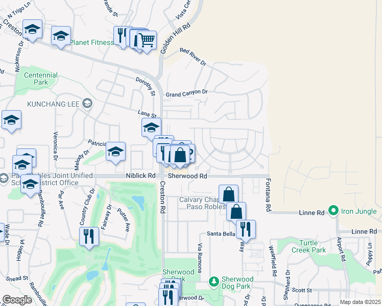 map of restaurants, bars, coffee shops, grocery stores, and more near 5 Robin Court in Paso Robles