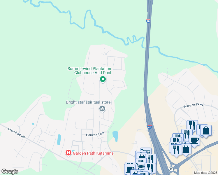map of restaurants, bars, coffee shops, grocery stores, and more near 392 Summerwind Plantation Drive in Garner