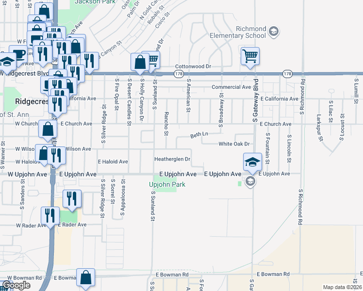 map of restaurants, bars, coffee shops, grocery stores, and more near 608 East Wilson Avenue in Ridgecrest
